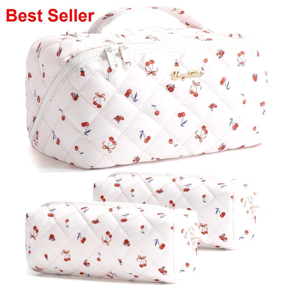 Large Capacity Travel Makeup Bag Set, 3 Pcs Quilted Water-Resistant Organizer